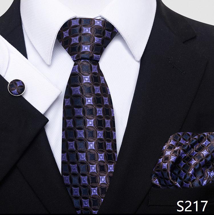 Men's 8cm Solid & Polka Dot Plaid Tie Set with Cufflinks & Pocket Square