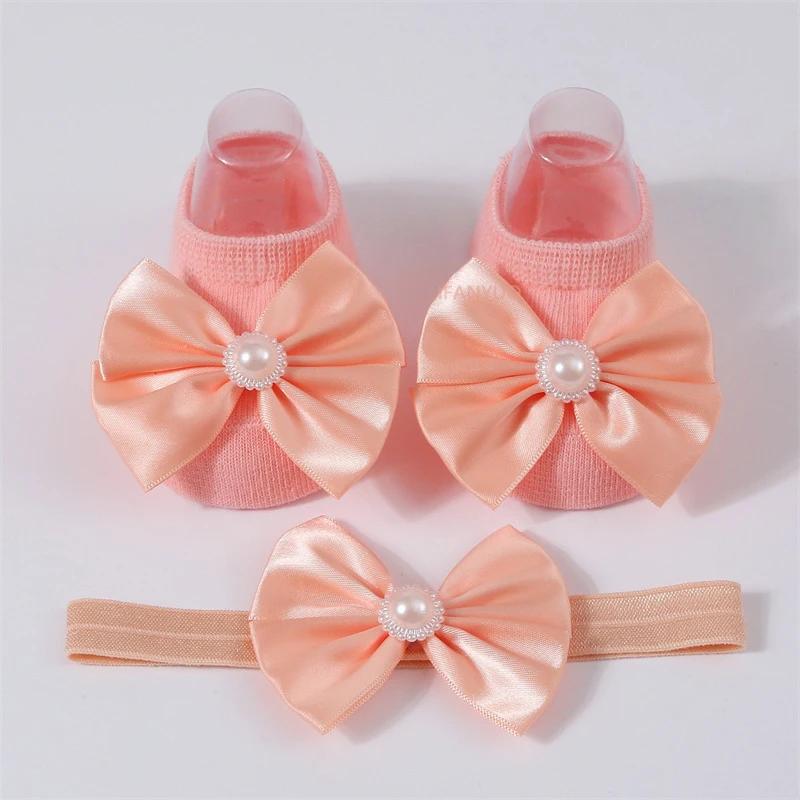 Baby Pearl Bow Solid Color Floor Socks Newborn Infant Knitted Breathable Socks Sweet Cute Girls Princess Children Birthday Gifts