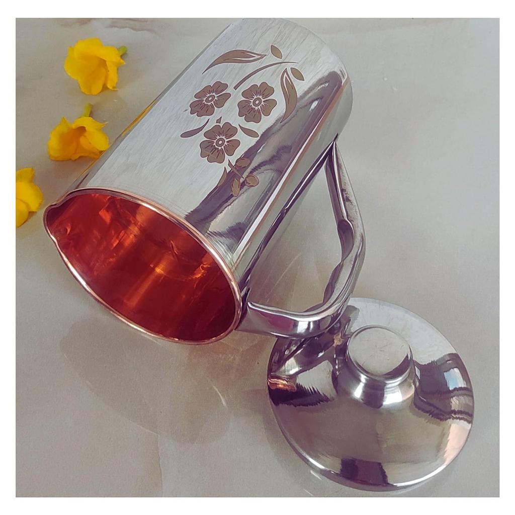 Steel Copper Floral Design Jug Pitcher with Lid, Storage & Serving Water, Beneficial for Health, Volume-1500 ML