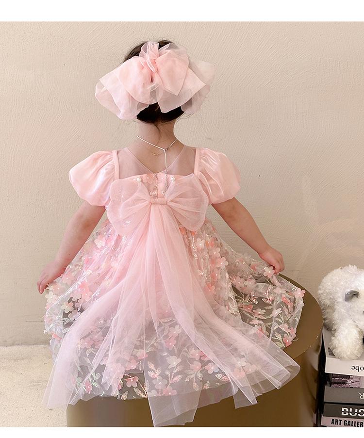 Girl Flower Fairy Sparkling Flower Dress New Summer Bubble Sleeve Princess Dress Elegant Birthday Dress