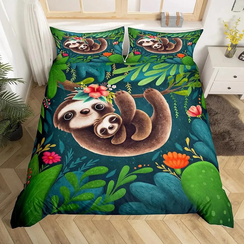 Cartoon Faultier Bettbezug Set Niedliche Tiere Bettwäsche Sets Für Jungen Mädchen Lustiges Faultier Tropische Blätter Floral Natur Steppdeckenbezug Set