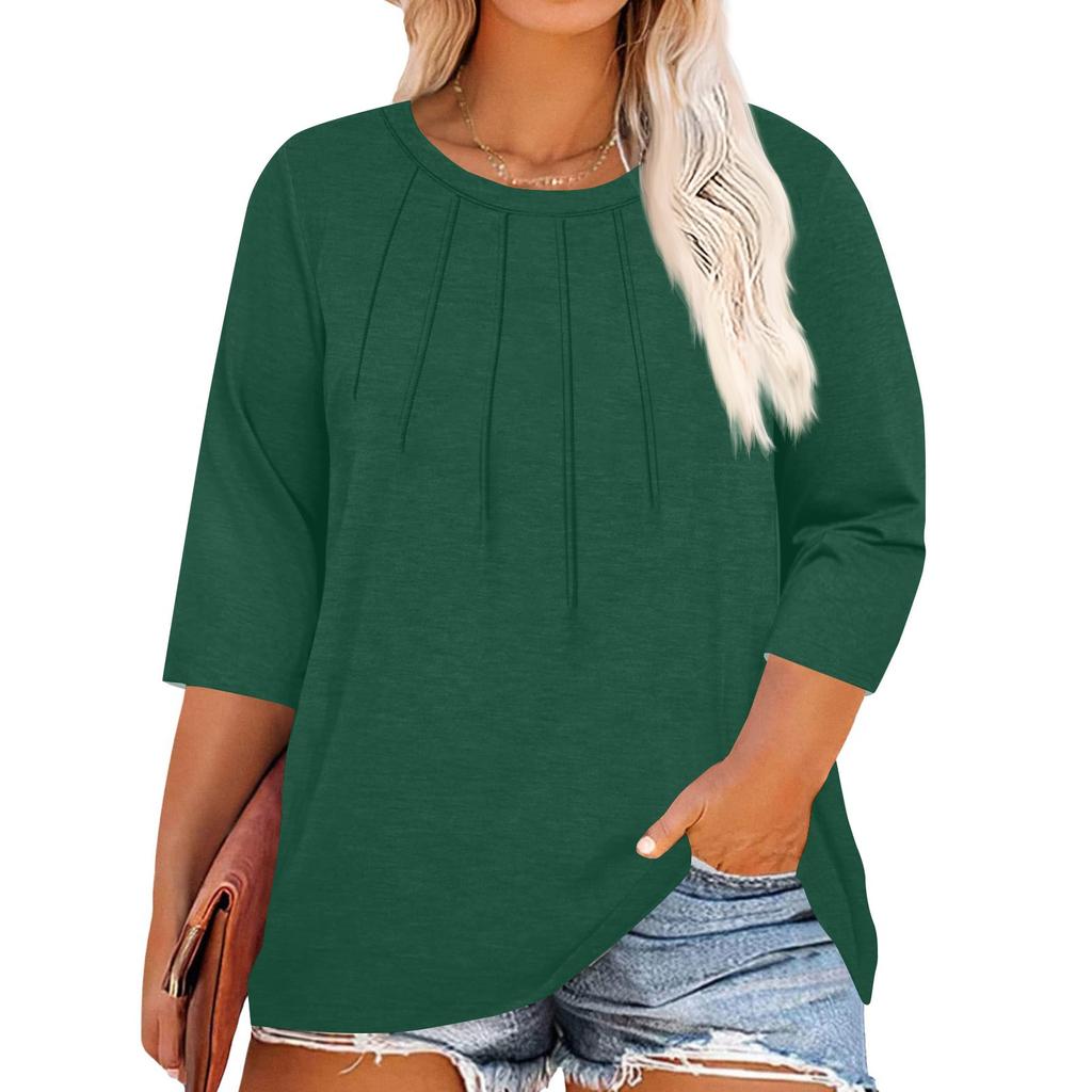 Women's Solid Color Round Neck Plus Size Tops 3/4 Sleeves Elegant Shirt Tops