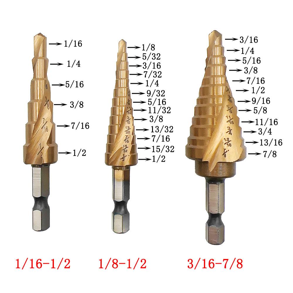 Sechskantschaft Spiralnut titannitriert Stufenbohrer Britisches System klein 3tlg Pagodenbohrer Lochset