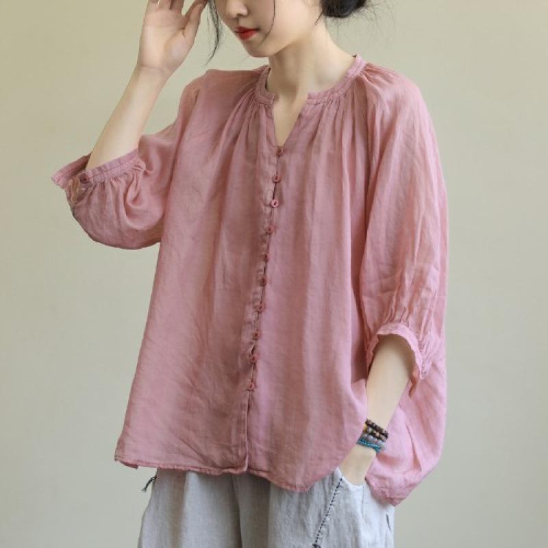 Artistic Plus Size Women s Linen Shirt - 2026 Summer Collection, Pure Color, Versatile, Casual & Breathable Top One Size