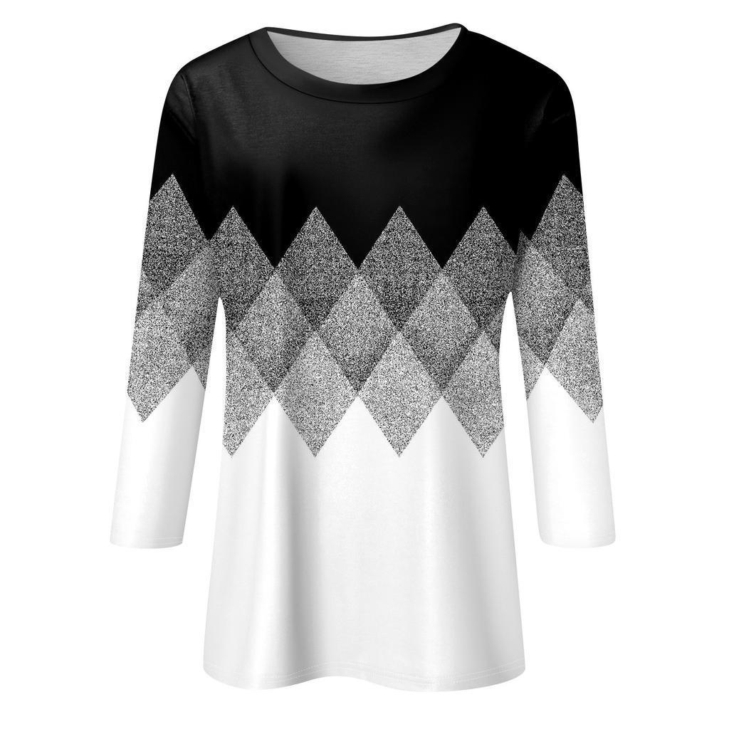 Women's Plus-size Model O-neck 3/4 Sleeve Solid Color Top