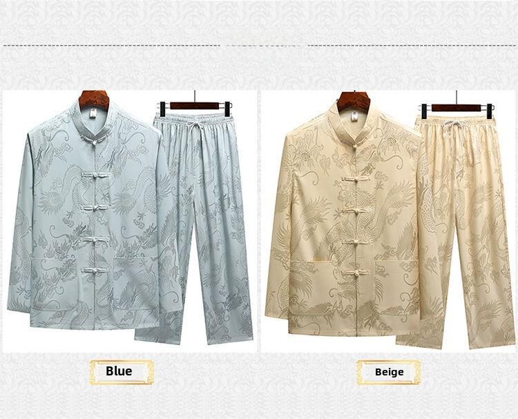 Men's Ice Silk Long-Sleeve Tang Suit: Chinese-Style Spring Hanfu for Older Adults, Loose Fit