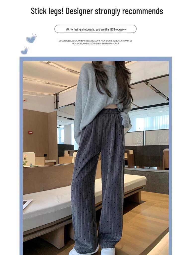 Dark Grey Heart Pattern Wide Leg High Waist Petite Women's Trousers - Spring/Summer Casual Straight Leg Floor Length Pants