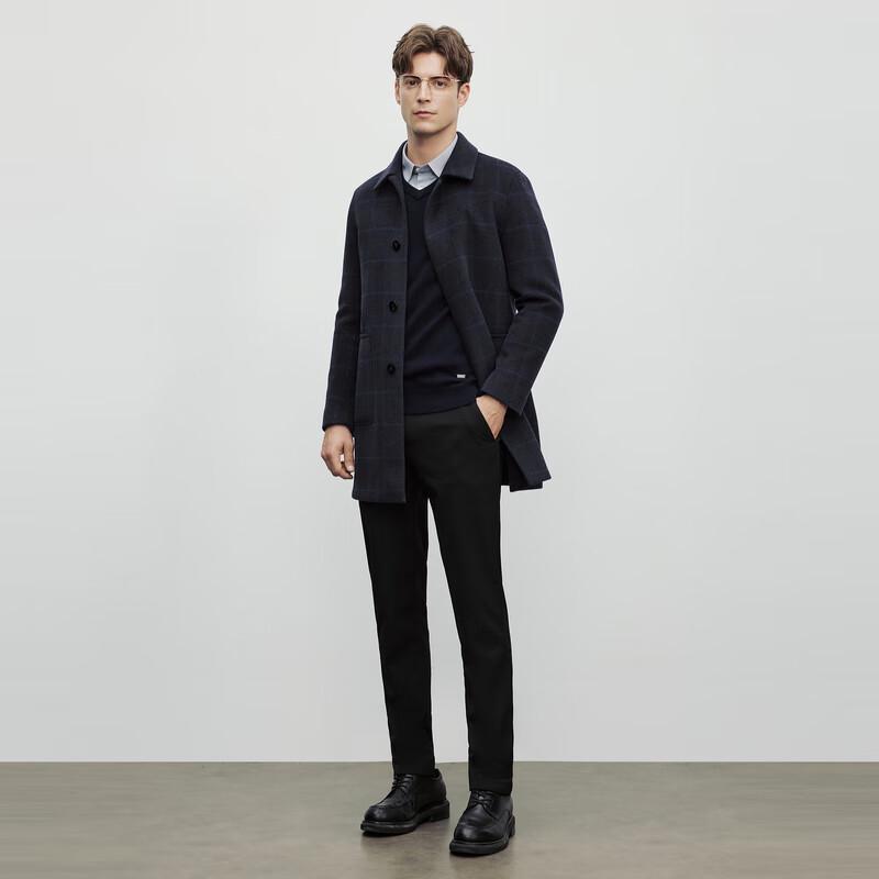 EMZ Erdos Men's 100% Merino Wool Mid-Length Plaid Overcoat