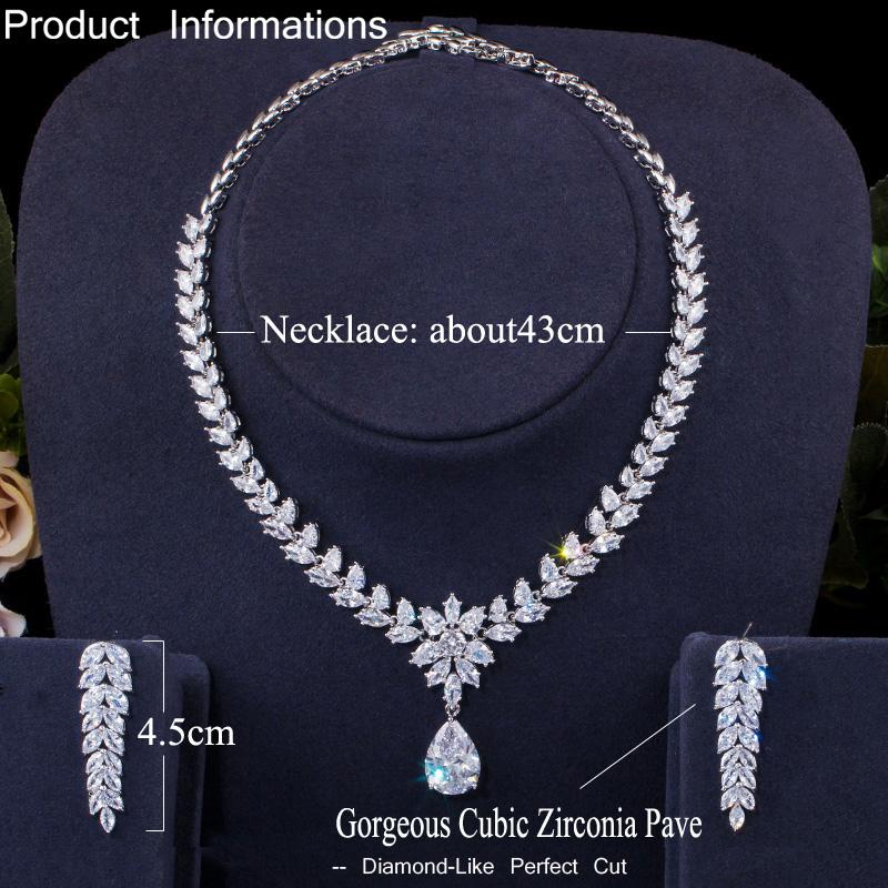 CMM Luxury Silver Color Cubic Zirconia Leaf Shape Drop Earrings Necklace Set
