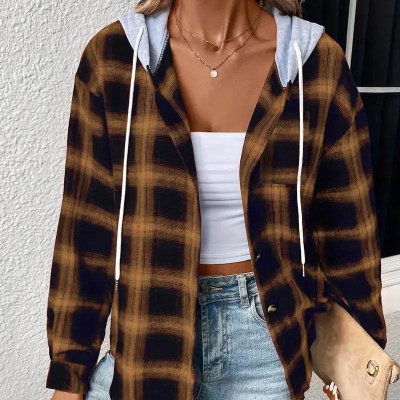 GMXIA Plaid Print Autumn Winter Women's Fall Winter Hoodie Breasted Casual Shirt Jackets & Coats