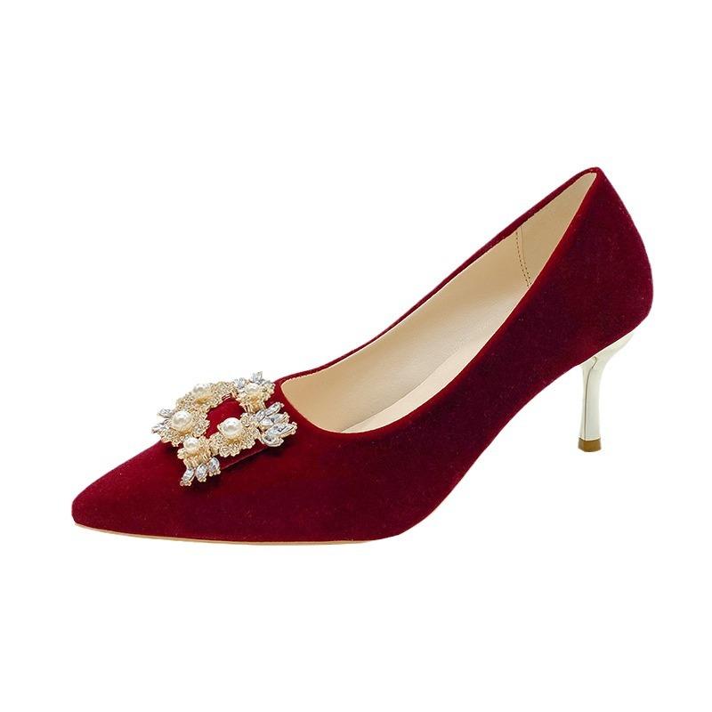 Red Bridal Shoes Wedding Dowry Light Luxury High-end Pearl High Heels Medium Heel Large Size Single Shoes