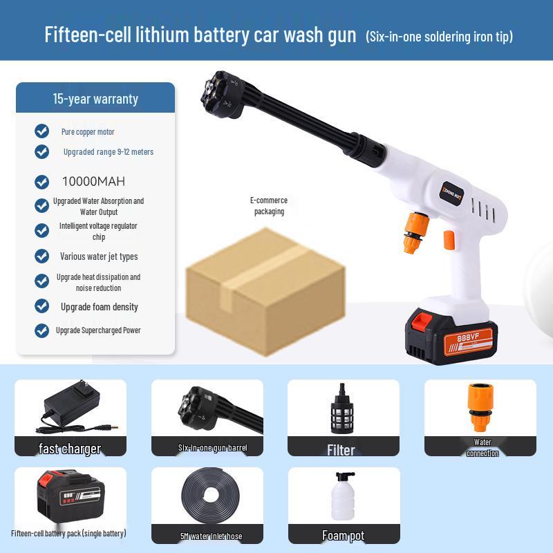 Portable Wireless Lithium Battery Car Washer: 10-Setting High-Pressure Water Gun with Six-in-One Head