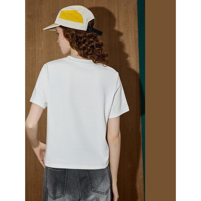 Coolhut2025 New Autumn Style White Inner Wear Printed Design Round Neck Right Shoulder Short Sleeve Casual Top Women's T-Shirt