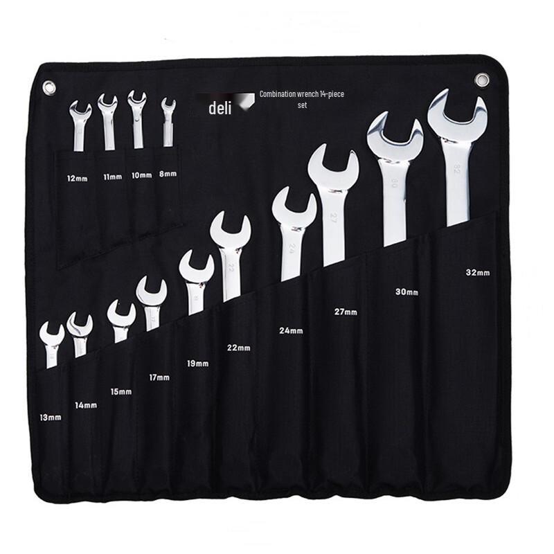 Deli 14-Piece Mirror Finish Combination Wrench Set 8-32mm
