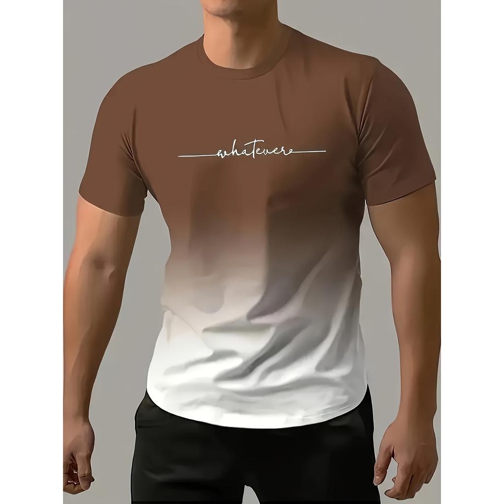 Gradient Color And Alphabet Pattern "WHATEVER" T-shirt With Crew Neck And Short Sleeve, Casual And Comfy Sports Tops