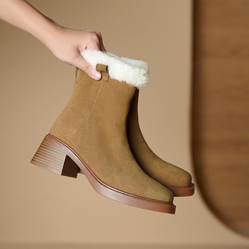 Fashion 2024 Winter Women Boots Cow Suede Women Shoes Round Toe Chunky Heel Short Boots Genuine Leather Ladies Wool Modern Snow Boots