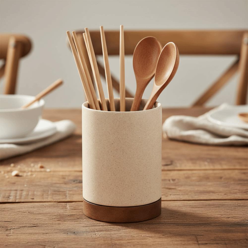 Ceramiczny stojak na sztućce z tacą ociekową Organizer na pałeczki Łyżka