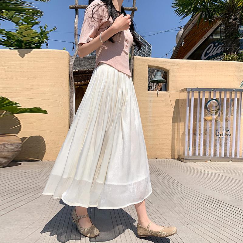 Women's Summer White Luminous Half Skirt High-Waisted A-Line Skirt Drapey Long Tulle Skirt
