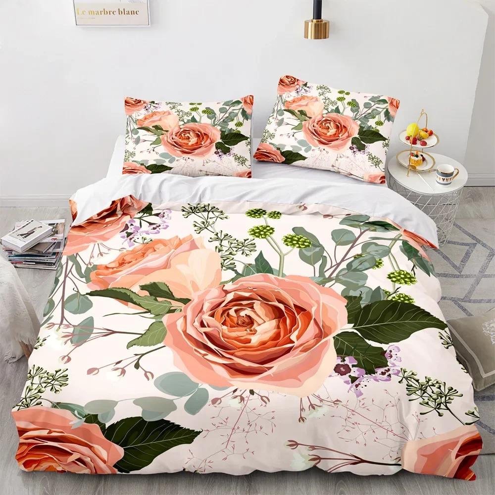 Red Flower King Queen Duvet Cover Pink Rose Bedding Set Dahlias Quilt Cover Floral Leaves White 2/3pcs Polyester Comforter Cover
