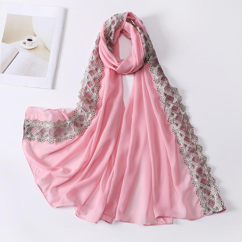 Muslim Women Chiffon Scarves with Lace Side Embroidered Chiffon Hijabs Lace Plain Hijab Patches Decoration