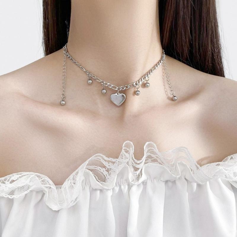 Punk Tassel Heart Pendant Necklace for Women Girls Gothic Sweet Cool Coarse Clavicle Chains Y2k Accessories Jewelry