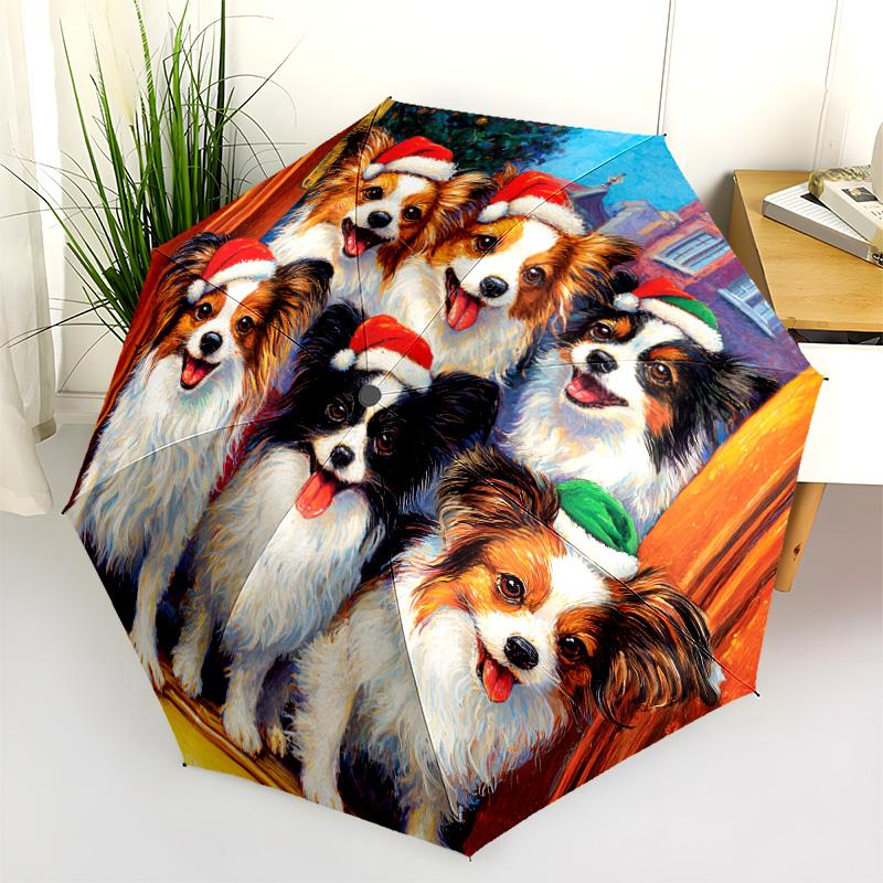Papillon with Tongue Sticking Out  Pattern, Automatic Folding Umbrella, Portable and Foldable Design, 8 Ribs, a Christmas or Birthday Gift.