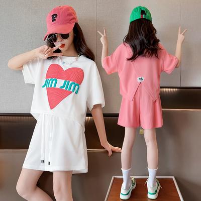 Summer Teenage Girl Clothes Set Letter Sweet Short Sleeve Tshirt and Shorts Suit Children's Girls Top and Bottom 2pcs Tracksuit