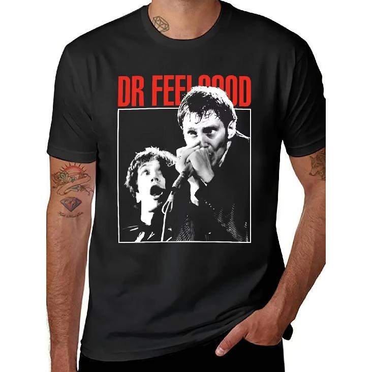Maglietta Vintage Uomo Rock Band - Dr Feelgood Testo Rosso Audace Grafica, Maglietta Pesante Girocollo per Concerti, Regali di Halloween e Natale - Retro