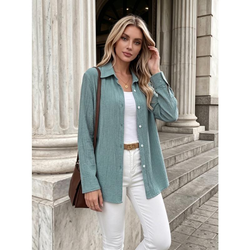Womens Casual Button Up Long Sleeve Roll Tab Sleeve Shirt