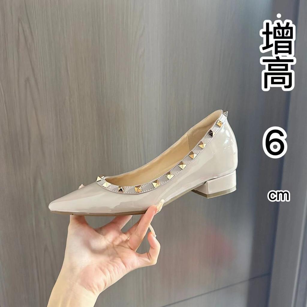 Naked gray thick heel + inner increase 6cm rivet shoes fashion temperament thick heel women's shoes classic temperament soft patent leather women'