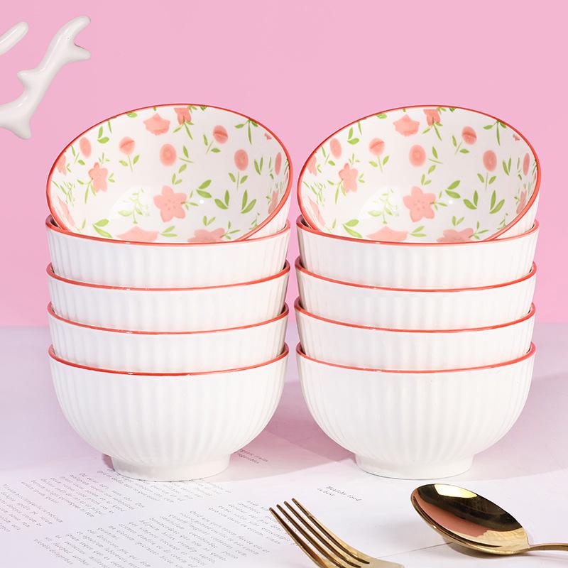 Mengyuan 10-Piece 4.5  Floral Ceramic Rice Bowl Set - Cute Underglaze Design