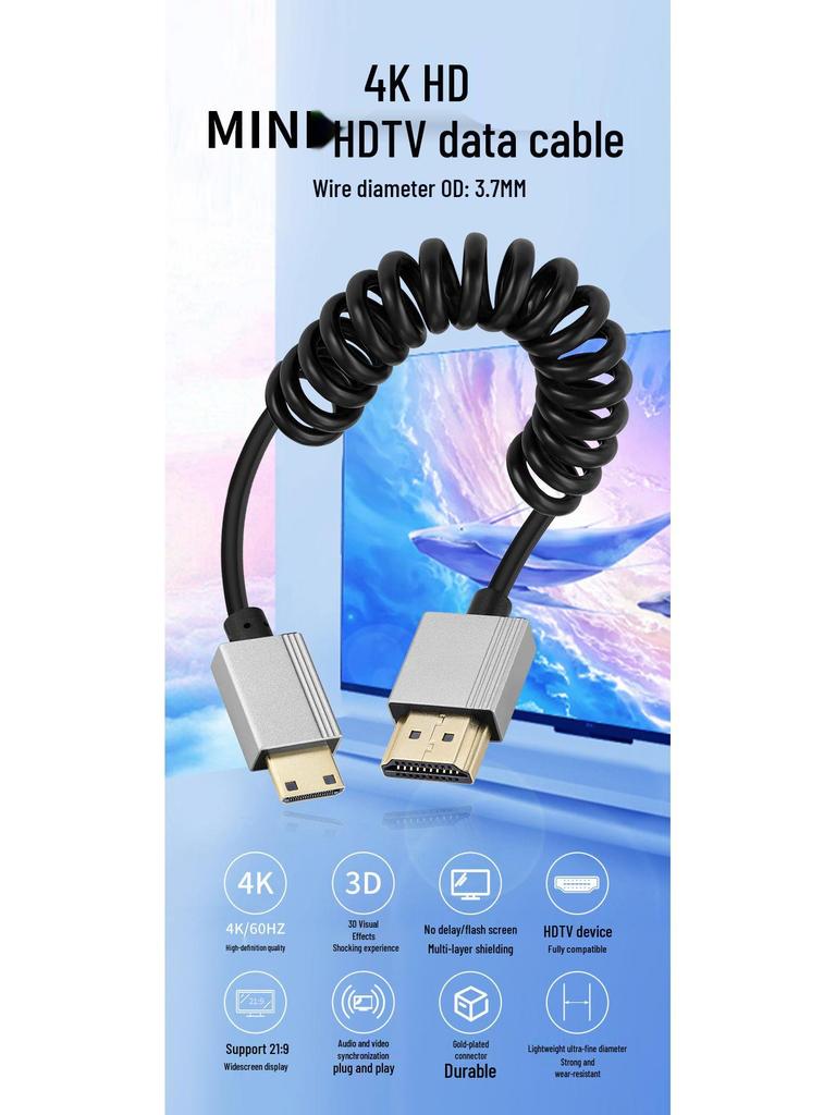 Ultra-thin Retractable HDMI to Mini HDMI 2.0 4K 60Hz Cable for HDTV, Computer, Projector, Camera