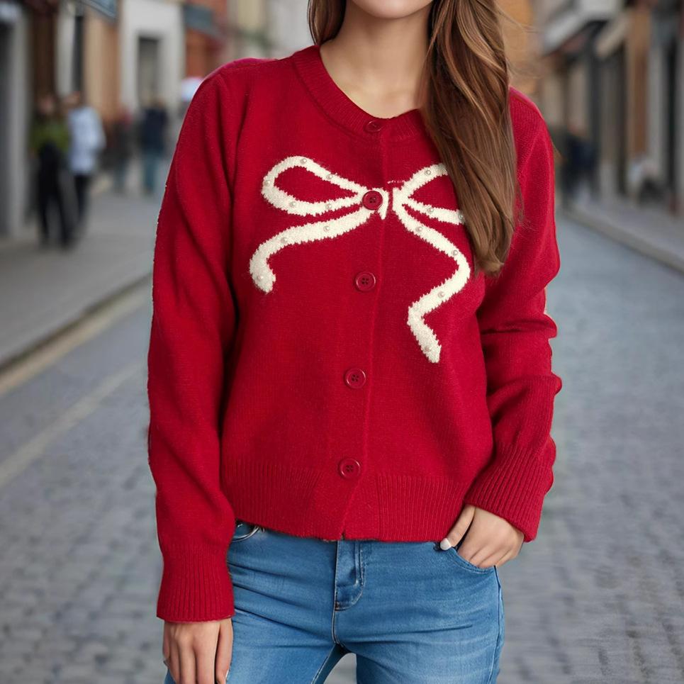 New solid color sweet anti-aging bow round neck jacquard sweater knitted sweater cardigan for women 3558 KTB
