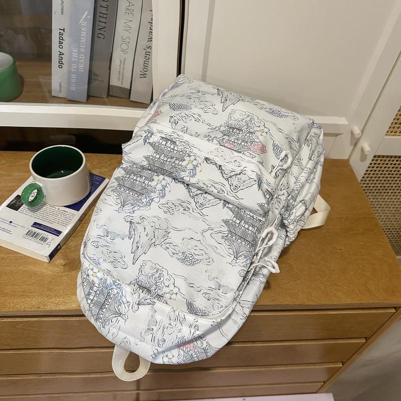 Zaino in Nylon Stampato Paesaggio Stile Cinese con Grande Capacità e Tasche Multiple Adatto per l'Uso Quotidiano e Studentesco Come Zaino Studentesco