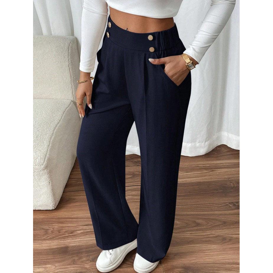 Women's High Waist Wide Leg Pants - Flowy Floor-Length Trousers Minimalist Straight Fit Lounge Pants with Elastic Wais