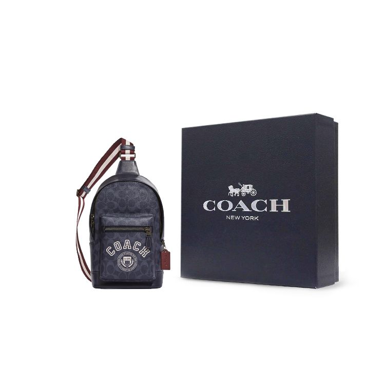 Coach West 20 Varsity Pattern Print Zipper Closure Coated Canvas And Calfskin Shoulder Bag Crossbody Bag Chest Bag Small Men bags CB913-QBOIZ