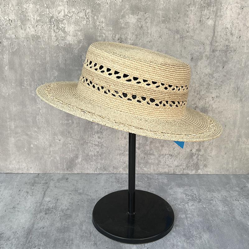 French Sweet Hand-Woven Raffia Flat Top Hat Women'S Summer Sunscreen Hollow Elegant Top Hat