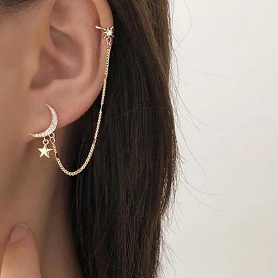 Creative Star and Moon Ear Clips for Women - No Piercing Needed, Chain Style Earrings
