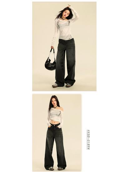 Women's High-Waist Black & Gray Wide-Leg Jeans - Autumn 2024