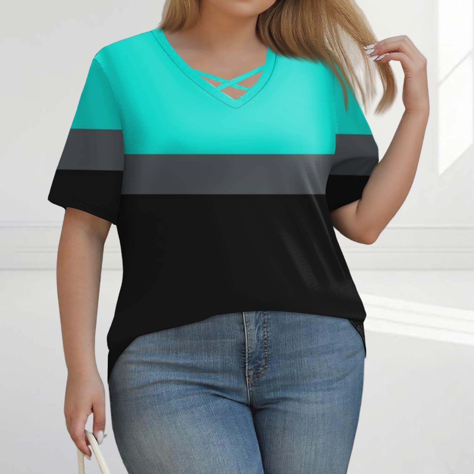 

Женская модная повседневная футболка с принтом в цветную полоску, V-образным вырезом, коротким рукавом, большого размера XXXXL циан