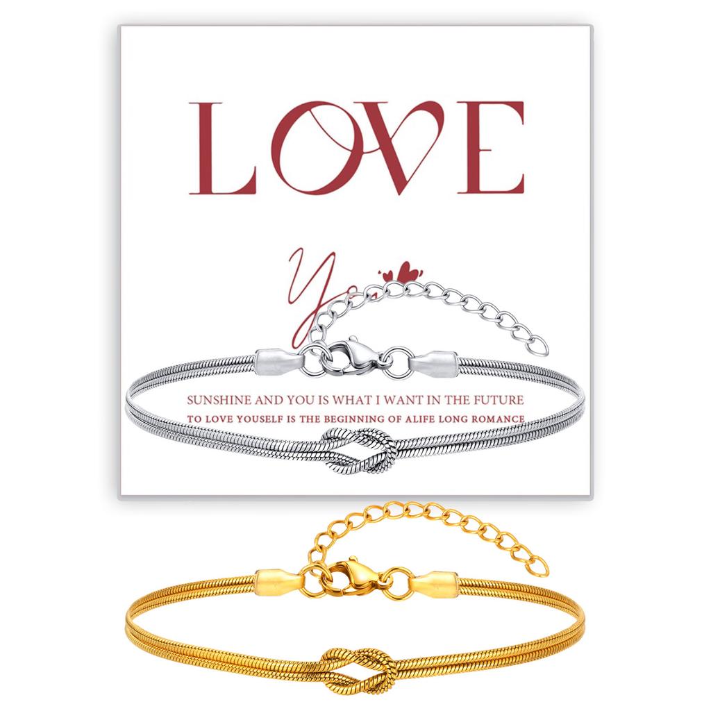 Vnox Two Layers Snake Chain Adjustable Couple Bracelets for Women Men, Stainless Steel Love Knot Wristband, Valentine's Day Gift