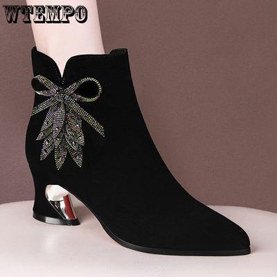 Echtes Leder Mittelhohe kurze Stiefel Damen Dicker Absatz Plüsch Diamant Scrub Leder Damenstiefel Herbst und Winter