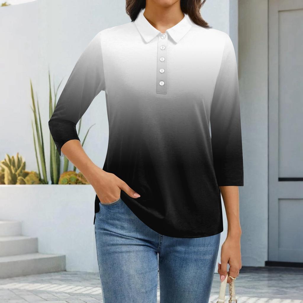 Dámská móda Ležérní klopa Krátký 3/4 rukáv Potisk Košile Dámské zapínací topy