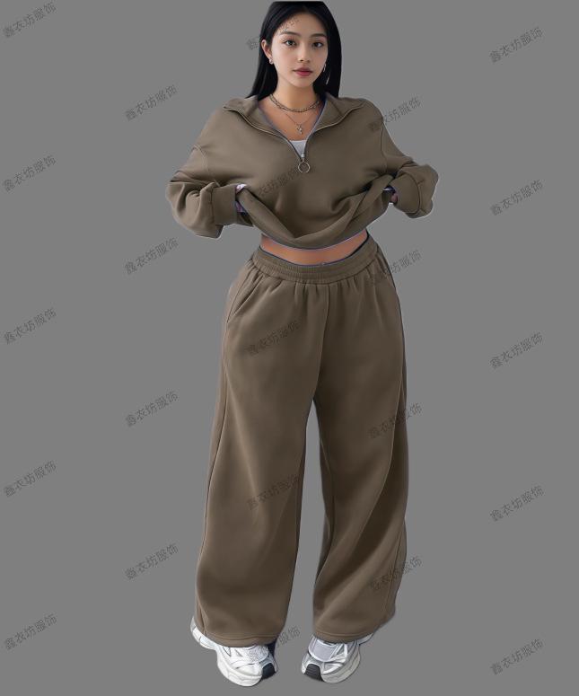 2025 Women's Casual Half-Zip Hoodie and Long Pants Set - European & American Autumn/Winter Style.