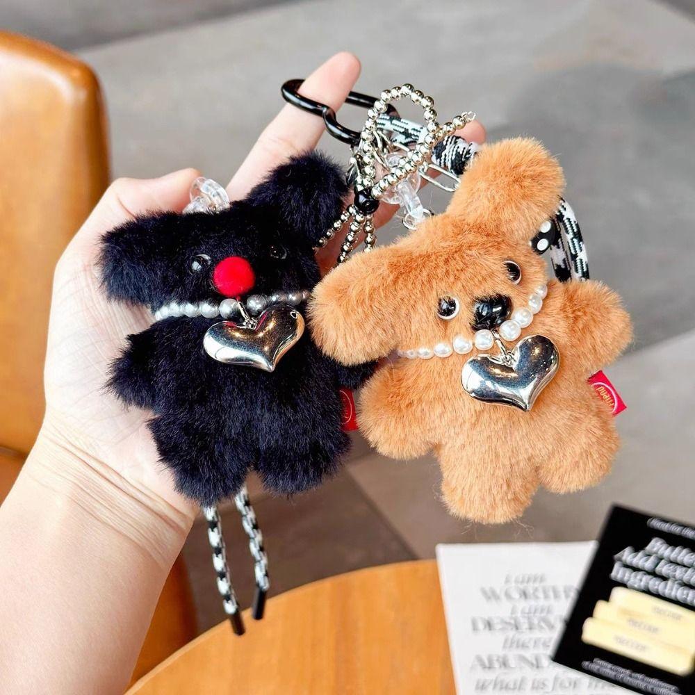 PP Cotton Plush Dog Doll Keychains Pearl Heart Necklace Dog Plush Doll Pendant  Female Lady Girl