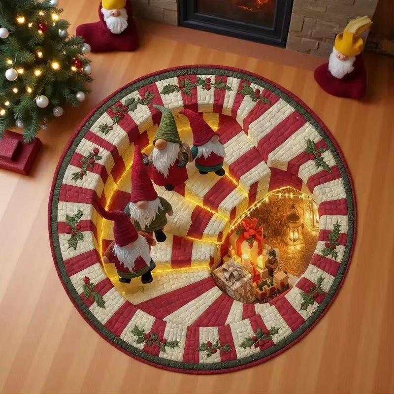 VIKAMA Round Christmas Rug Winter Snow Village 3D Illusion Print Non Slip Floor Mat Living Room Bedroom Xmas Holiday Home Decor