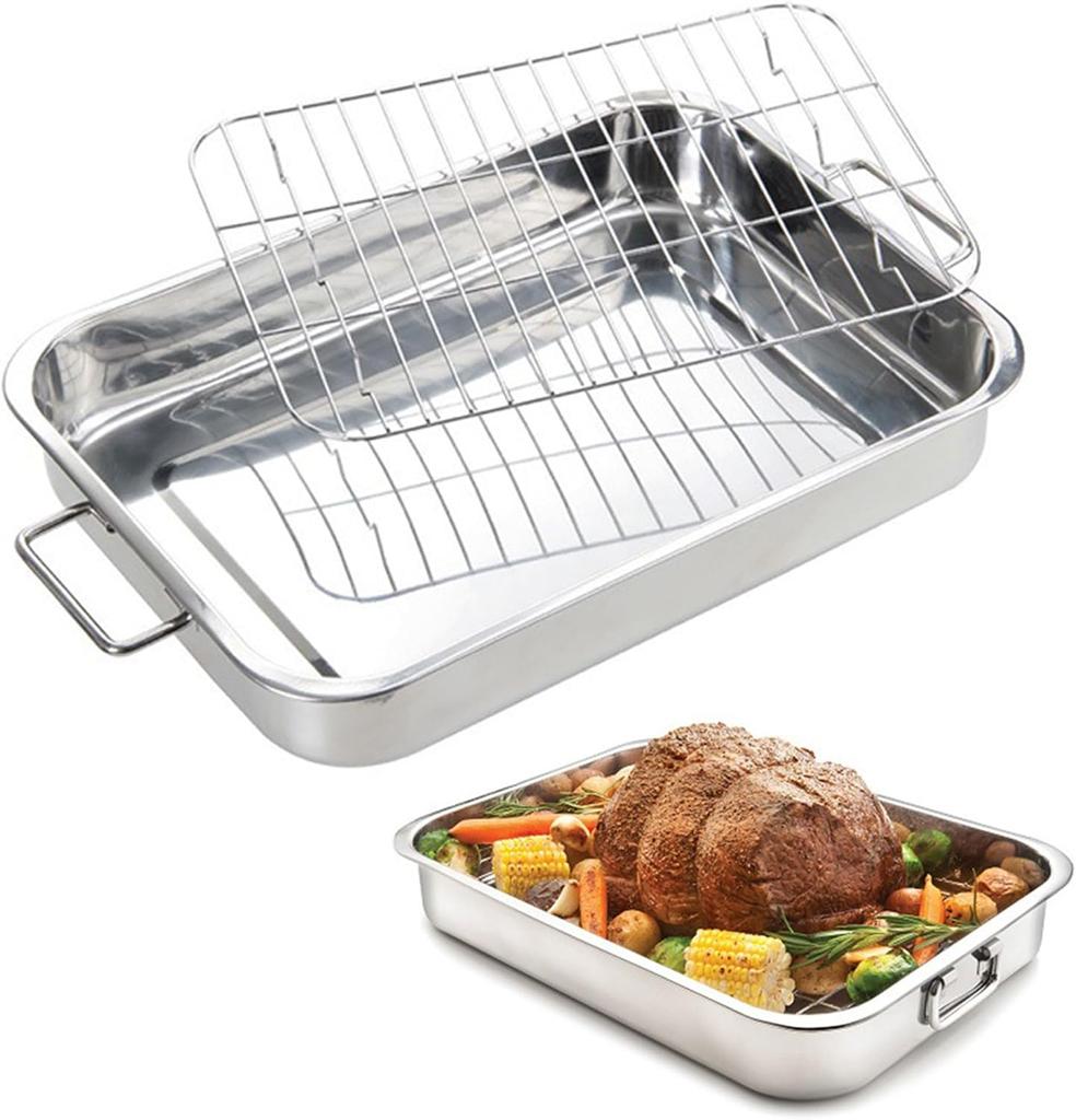 Stainless Steel Non-stick Baking Tray with Grill 15x 11 Inch for Roast Chicken Vegetables Turkey Silver