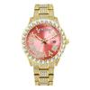 Mens Fashion Quartz Wrist Watch Dual Calendar Pink Dial Rhinestone Accents Luminous 30M Waterproof Stainless Steel Band