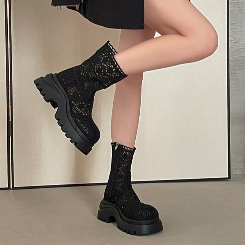 Fashion Summer Women's Thick-soled Exquisite Lace Mesh Cool Boots Fad Design Sense Hollow Womens High Quality High-top Boots Botas Mujer