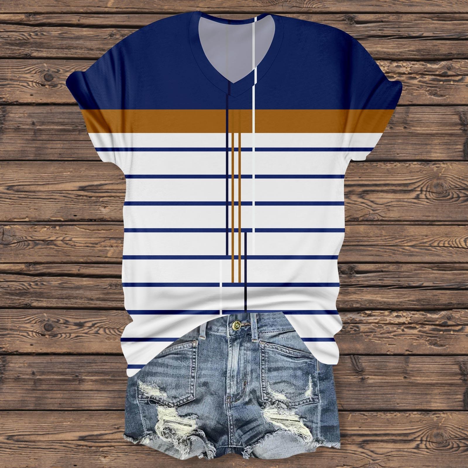 

Женский полосатый топ с V-образным вырезом и короткими рукавами с принтом XXL белый